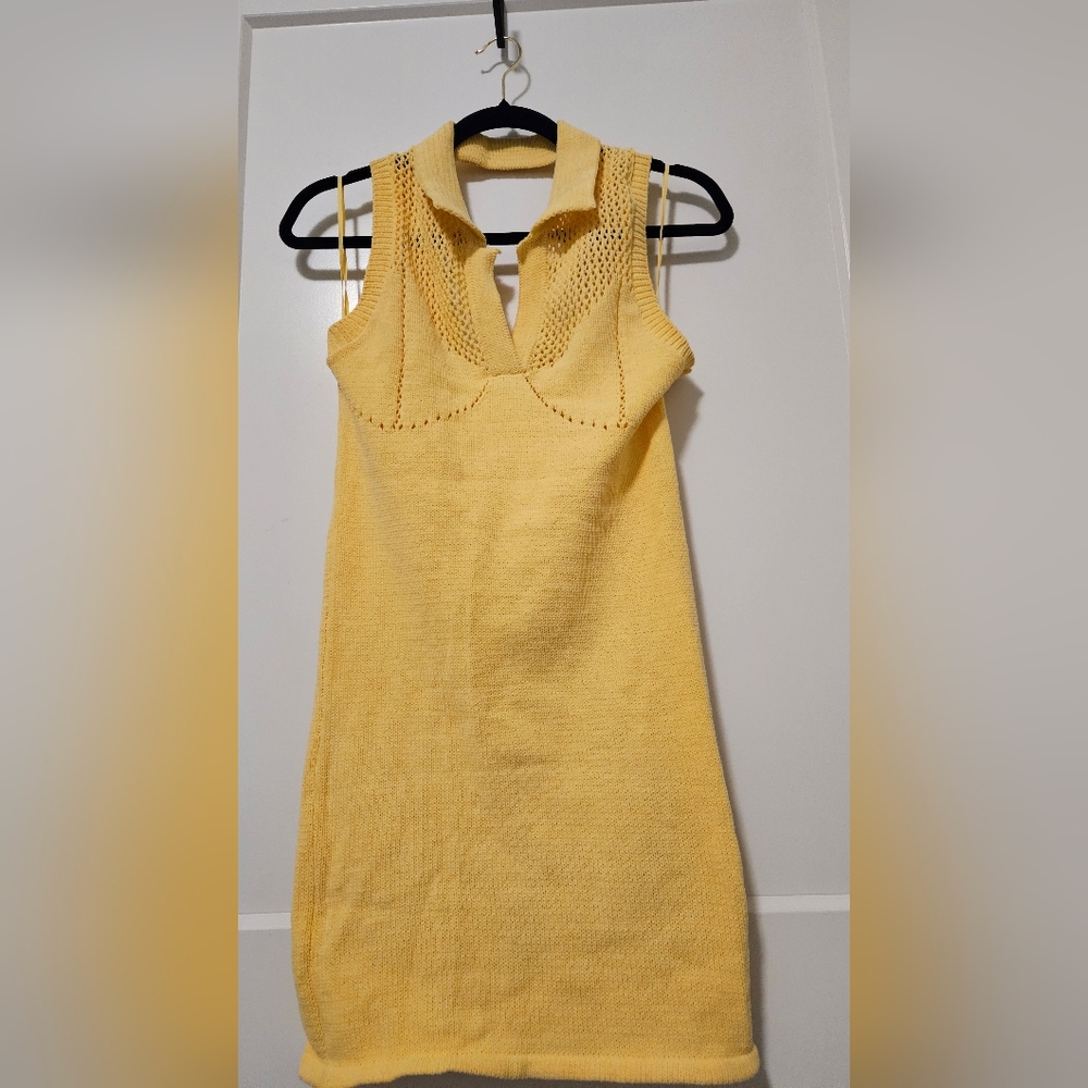 New Zara perforated knit polo mini dress in yellow